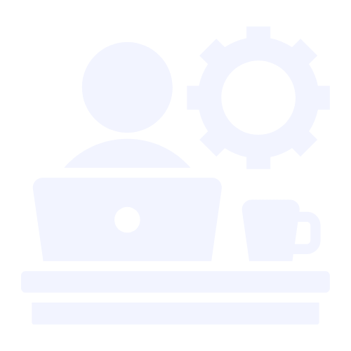 Focused professional icon showing person working on laptop with coffee and gear symbol representing productivity and operations