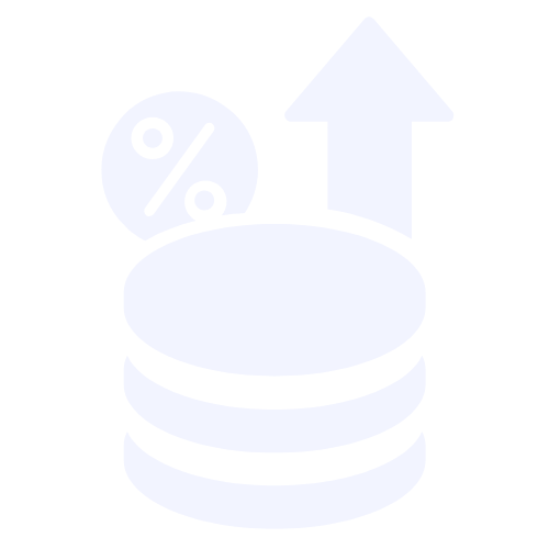 Stacked coins with percentage and upward arrow icon representing growth, commissions, and increased earnings